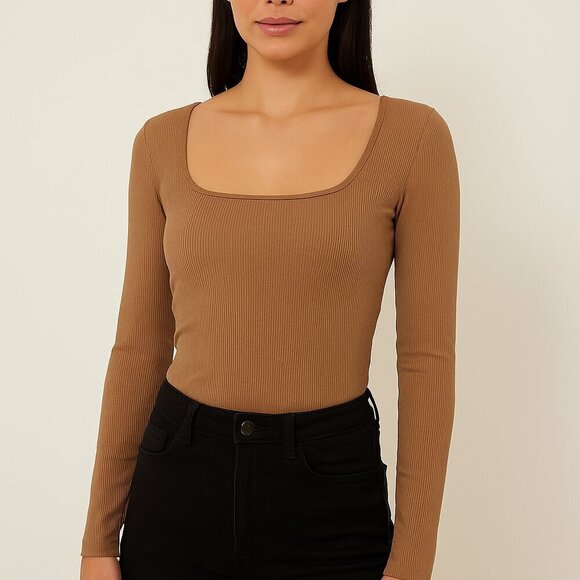 Thakoon Tops - Thakoon Ribbed Brown Square Neck Long Sleeve Top Medium NWT $195 Retail